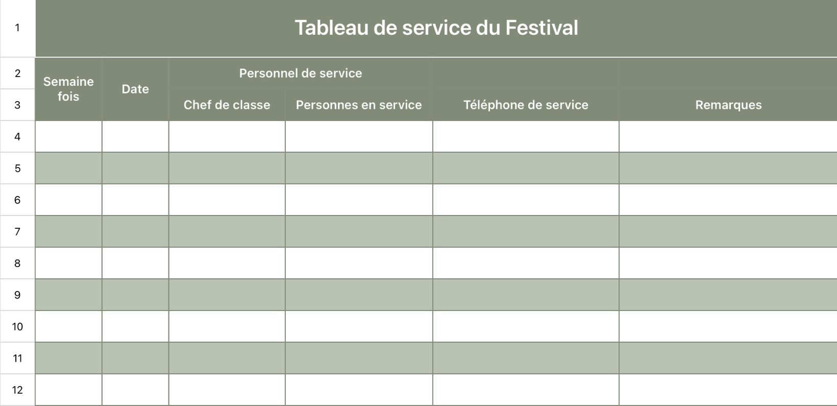 Tableau de service du Festival